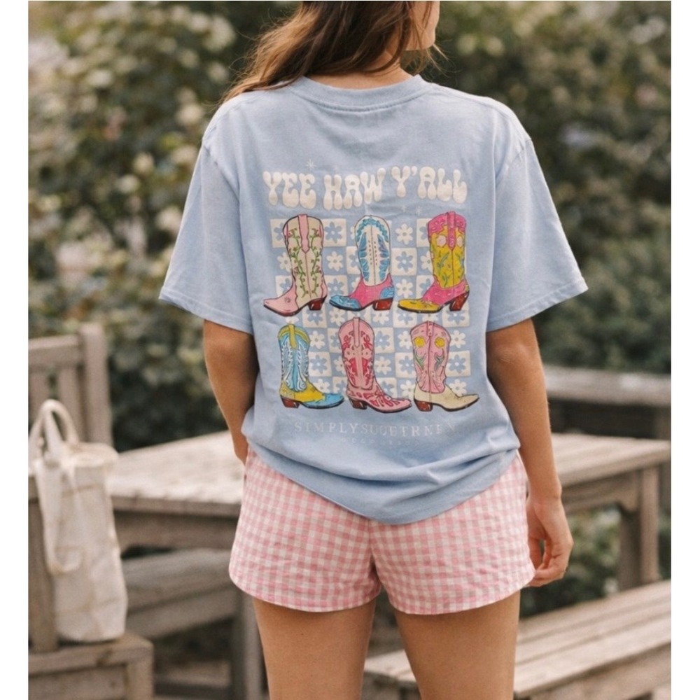 Simply Southern Yee Haw Y'All Cowboy Boots Graphic T-Shirt Youth Small Blue